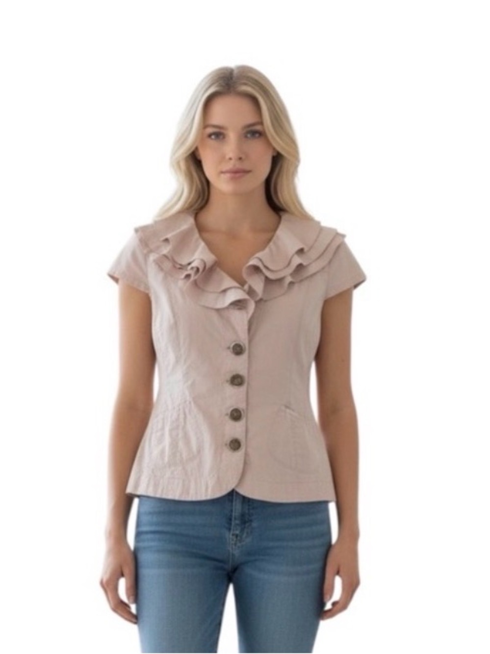 LAL Woman’s Beige Button Front Ruffle Cap Sleeve Blouse size Medium